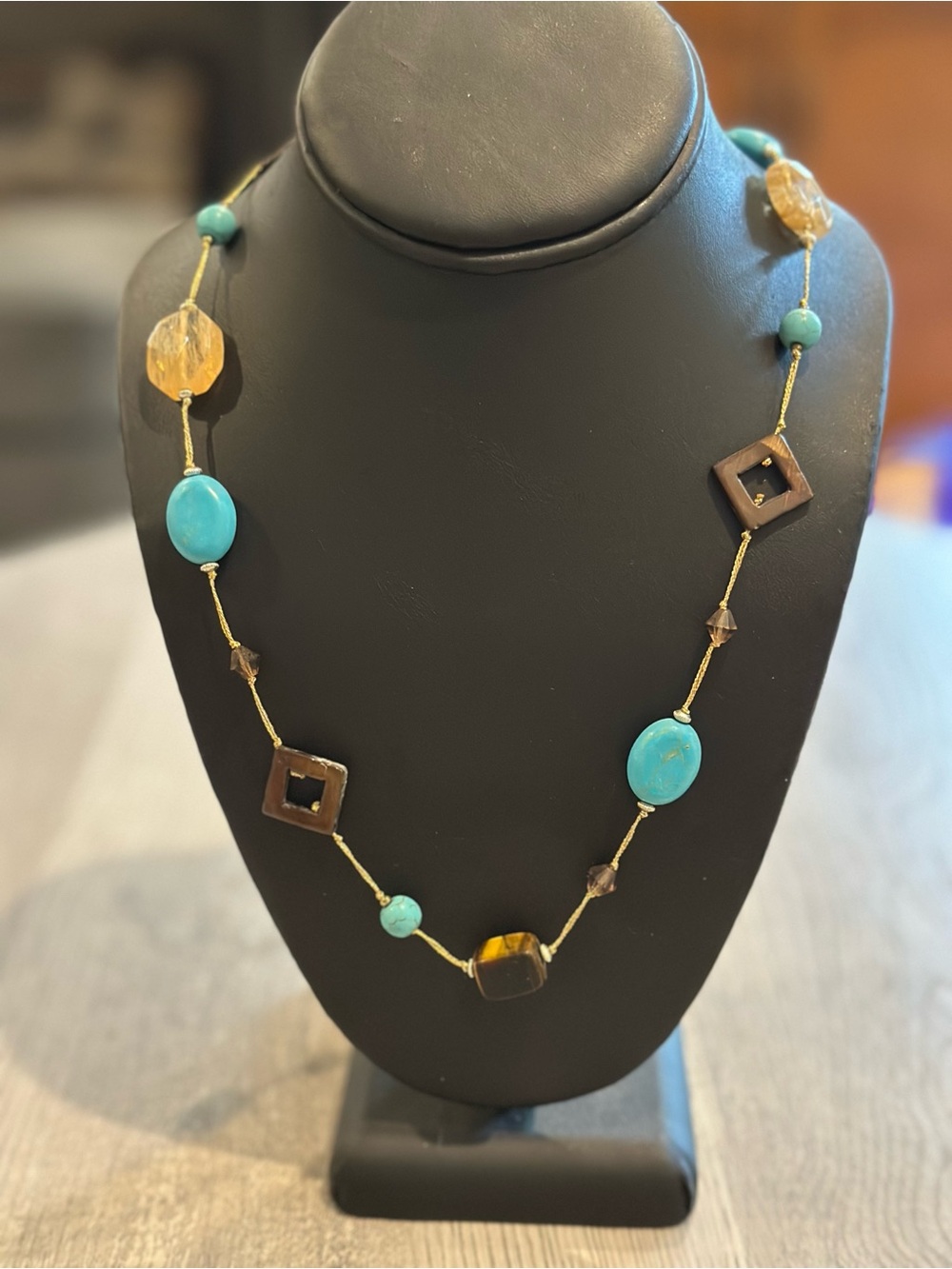 Signed JS Turquoise Tiger Eye Style Mixed Stone Necklace 28–34” Boho